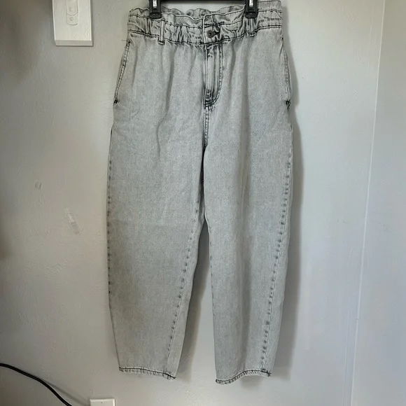 Light Grey acid wash barrel leg paper bag waist high rise jeans Zara size 8 - Picture 1 of 4